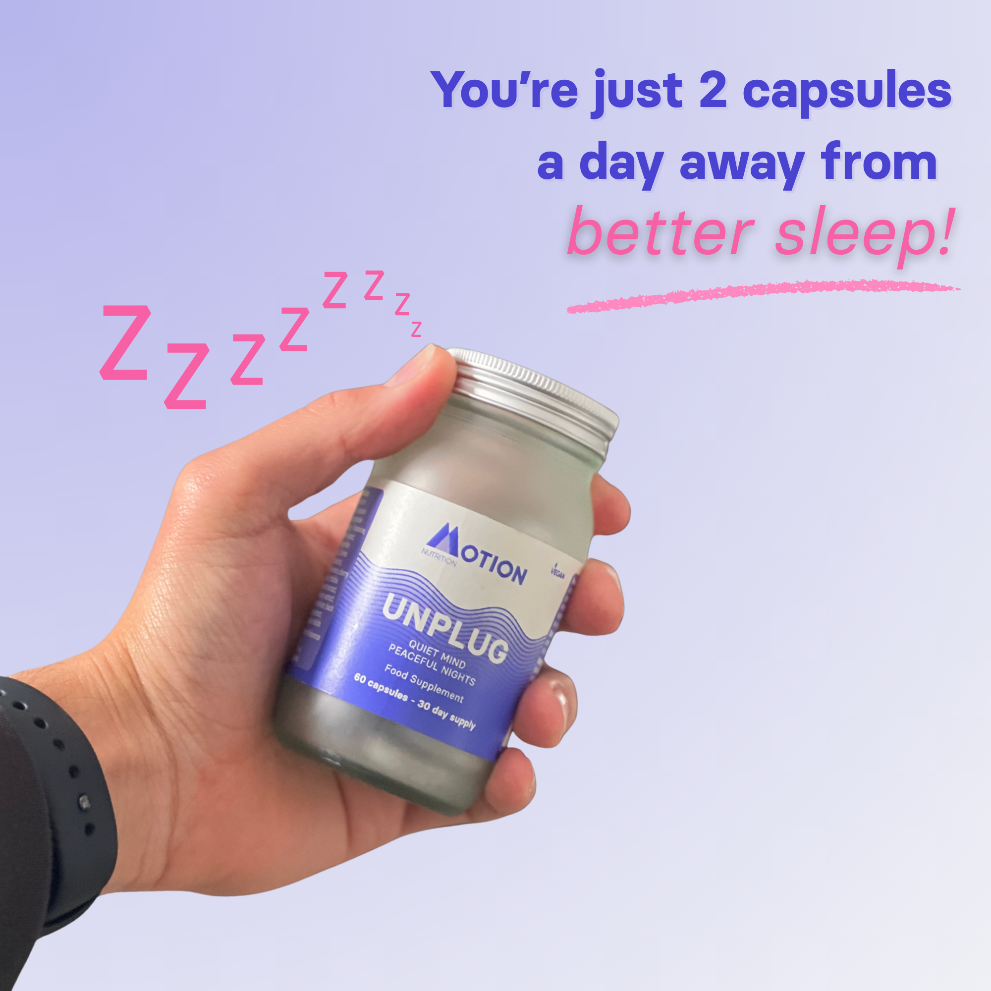 Hand holding a jar of 'UNPLUG' capsules with promotional text on a light purple background
