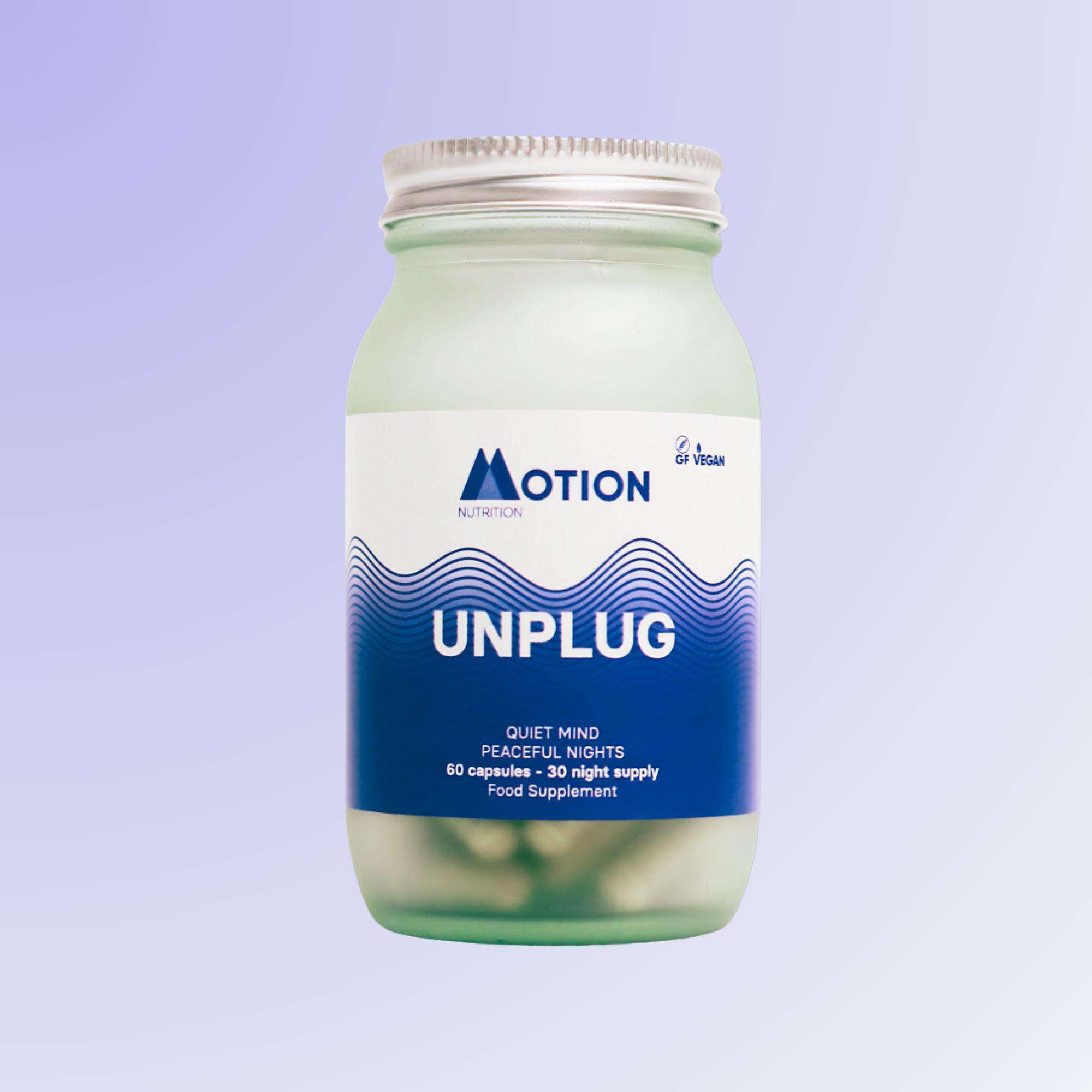 Supplement jar labeled 'UNPLUG' by Motion on a light purple background