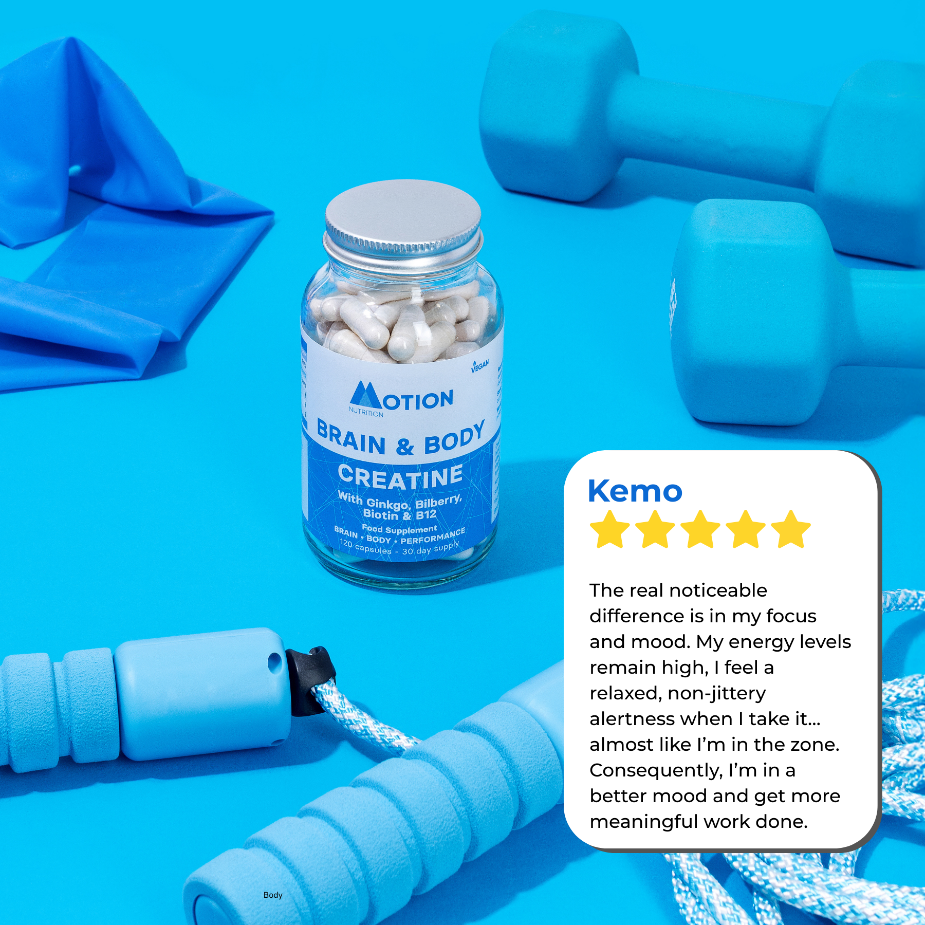 Bottle of Motion Brain & Body Creatine with fitness equipment on a blue background and a five-star review.