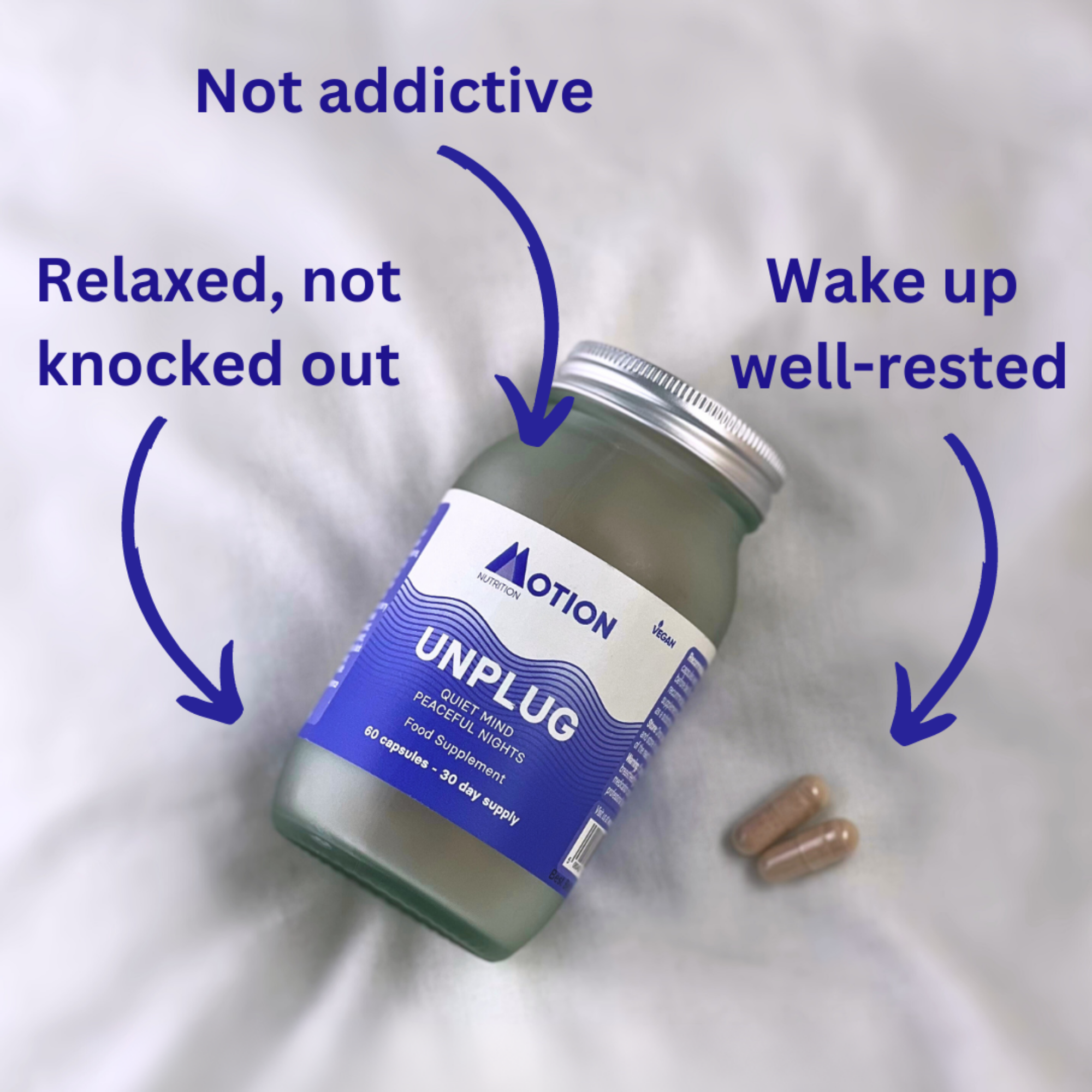 Bottle of 'UNPLUG' supplement with text highlighting benefits on a white background