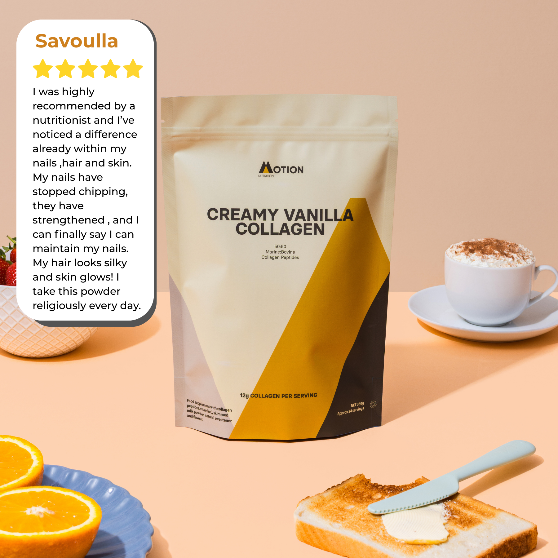 Savourlla Creamy Vanilla Collagen package with a cup of coffee, orange slices, and toast on a peach background.