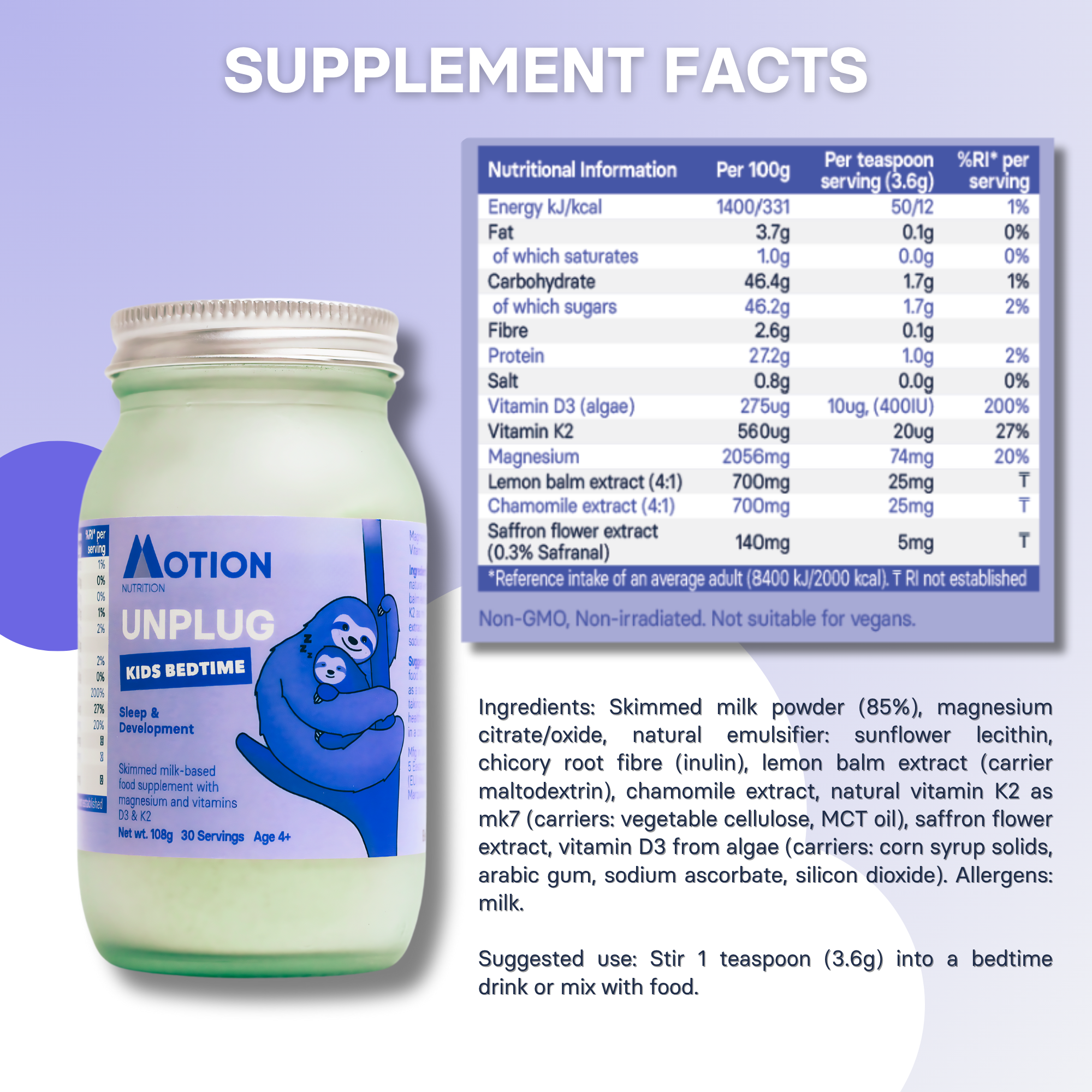 Supplement bottle labeled 'Motion Unplug' with nutritional facts on a light purple background