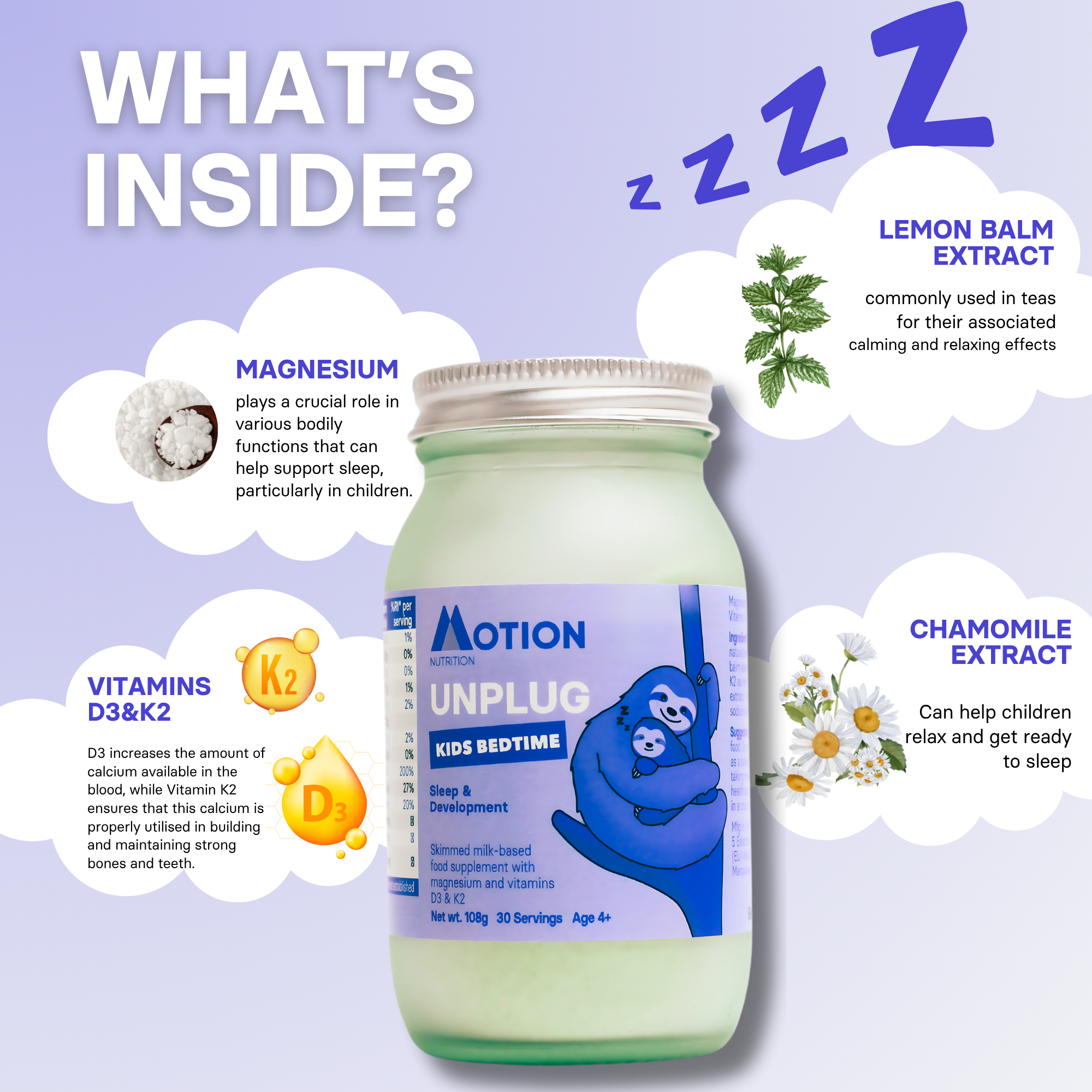 Bottle of Motion Unplug Kids Bedtime supplement with ingredients listed on a light purple background