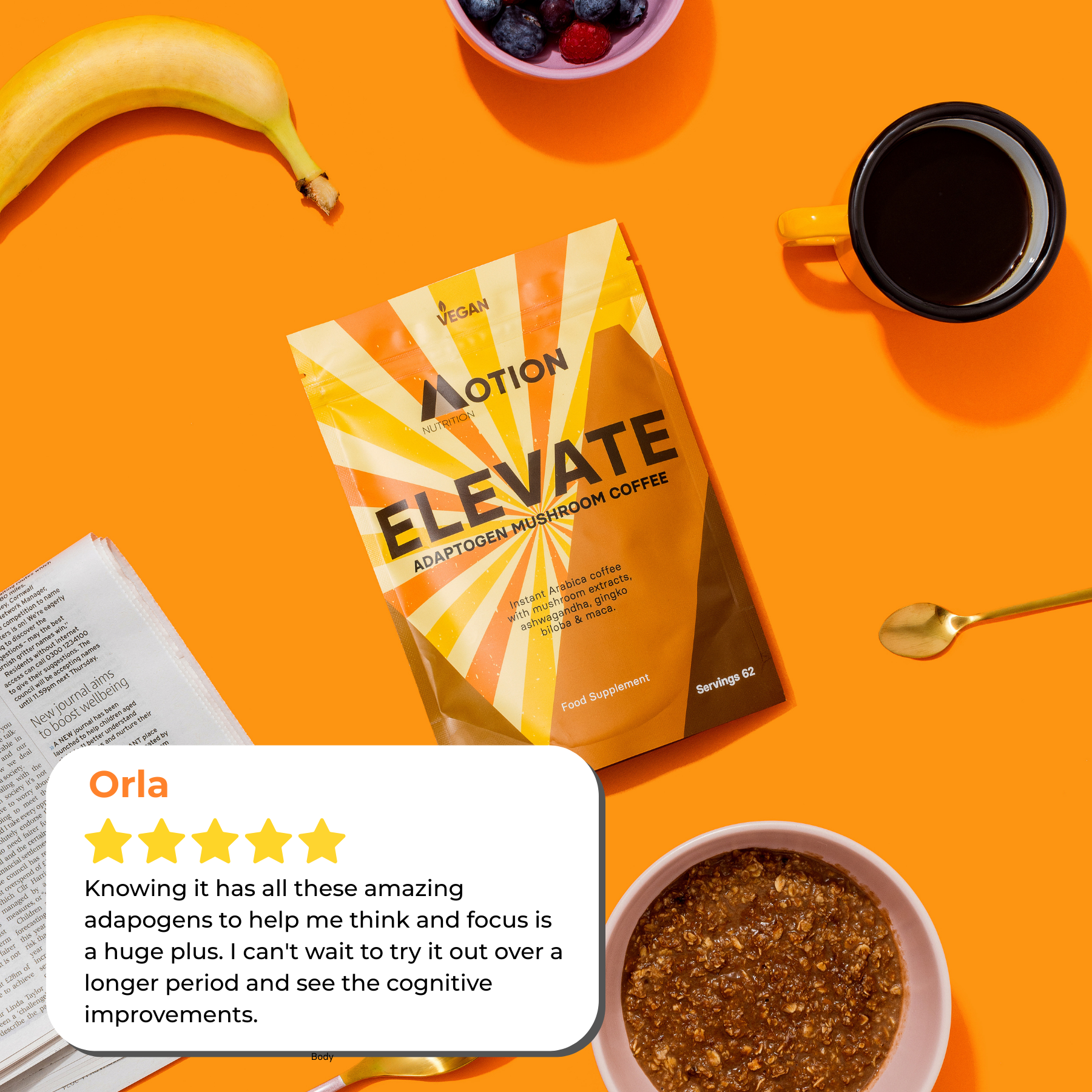 Elevate Adaptogenic Mushroom Coffee package on an orange background with a cup of coffee, banana, and bowl of berries.