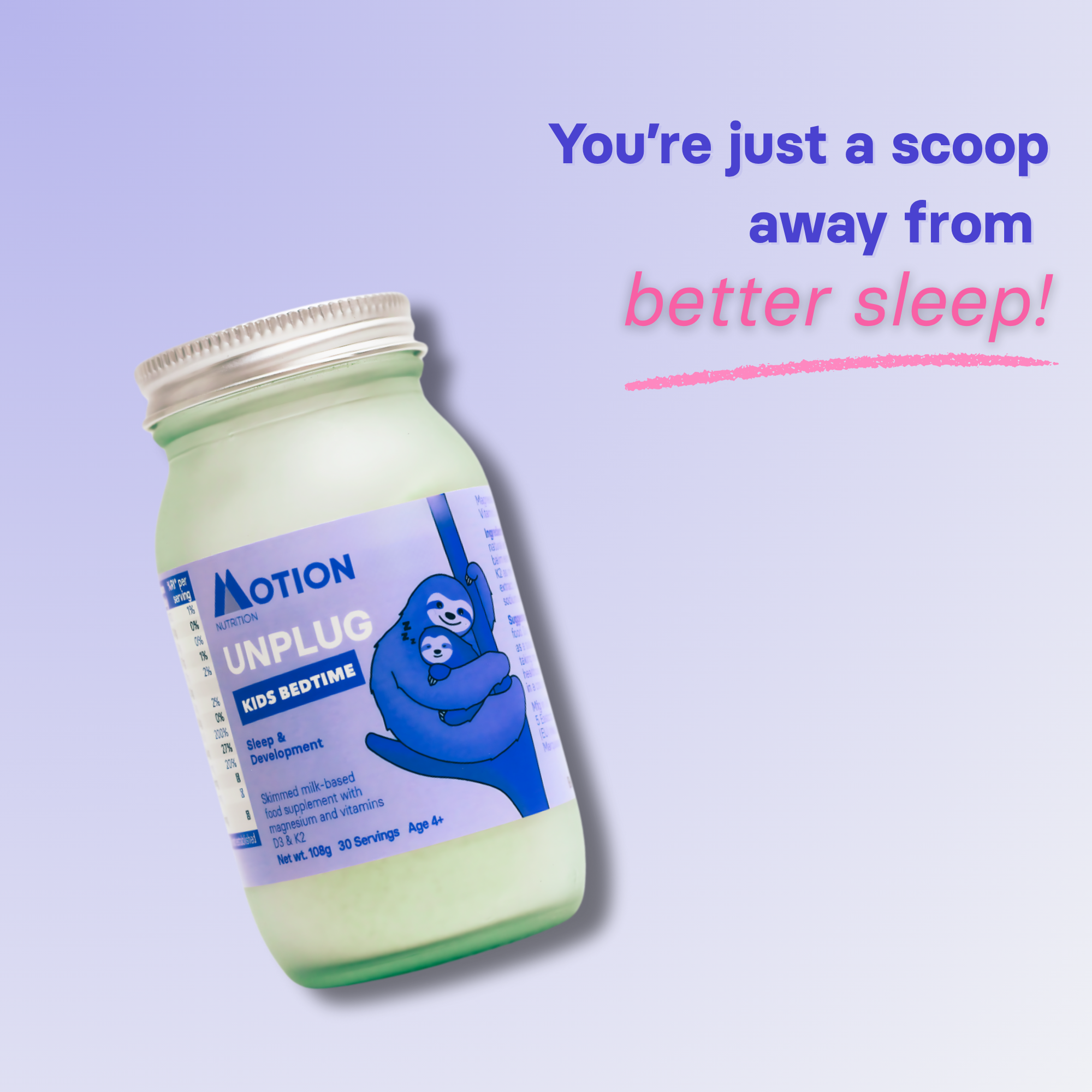 Jar of 'Unplug Kids Bedtime' supplement with promotional text on a light purple background