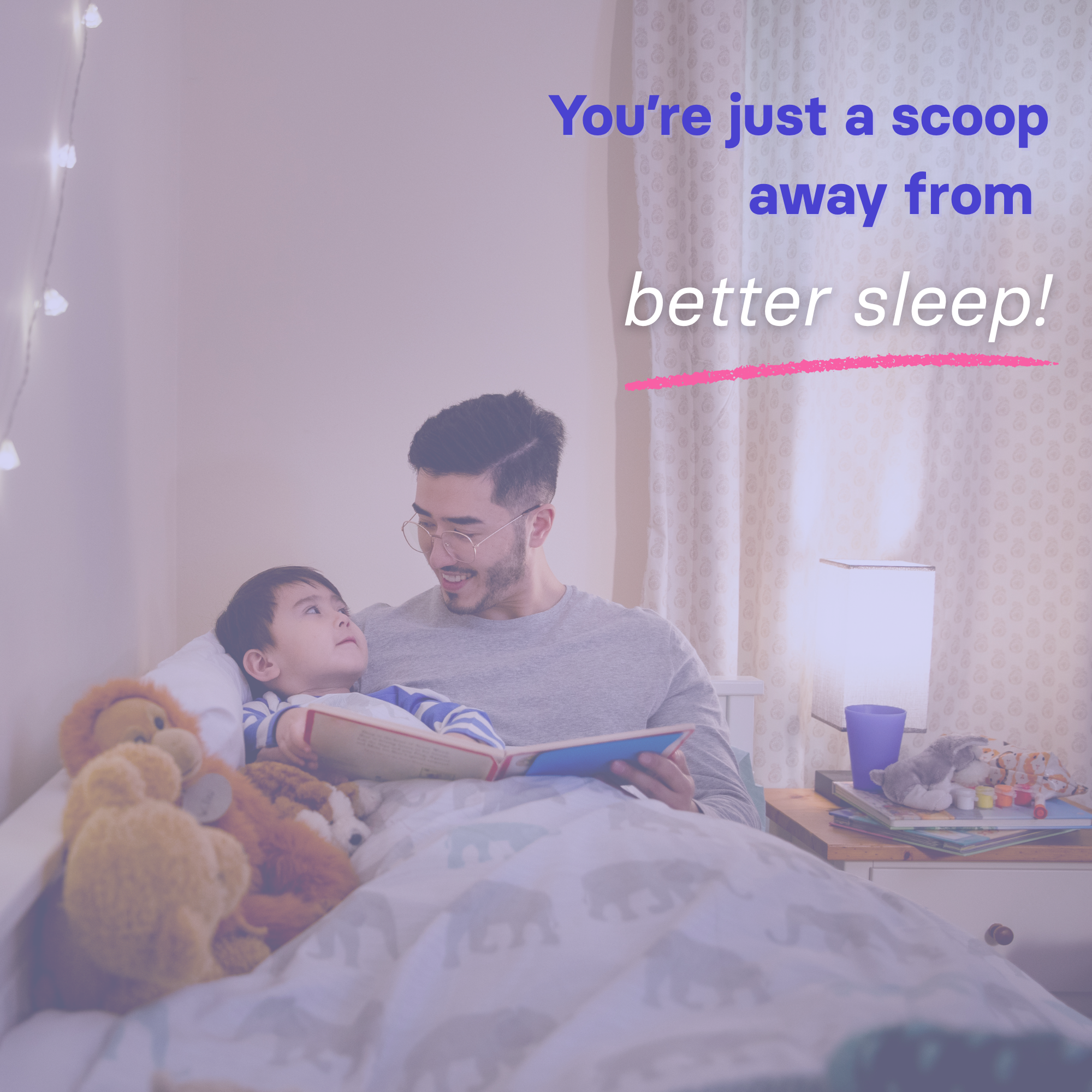 Man reading to a child in bed with teddy bears, cozy bedroom setting.