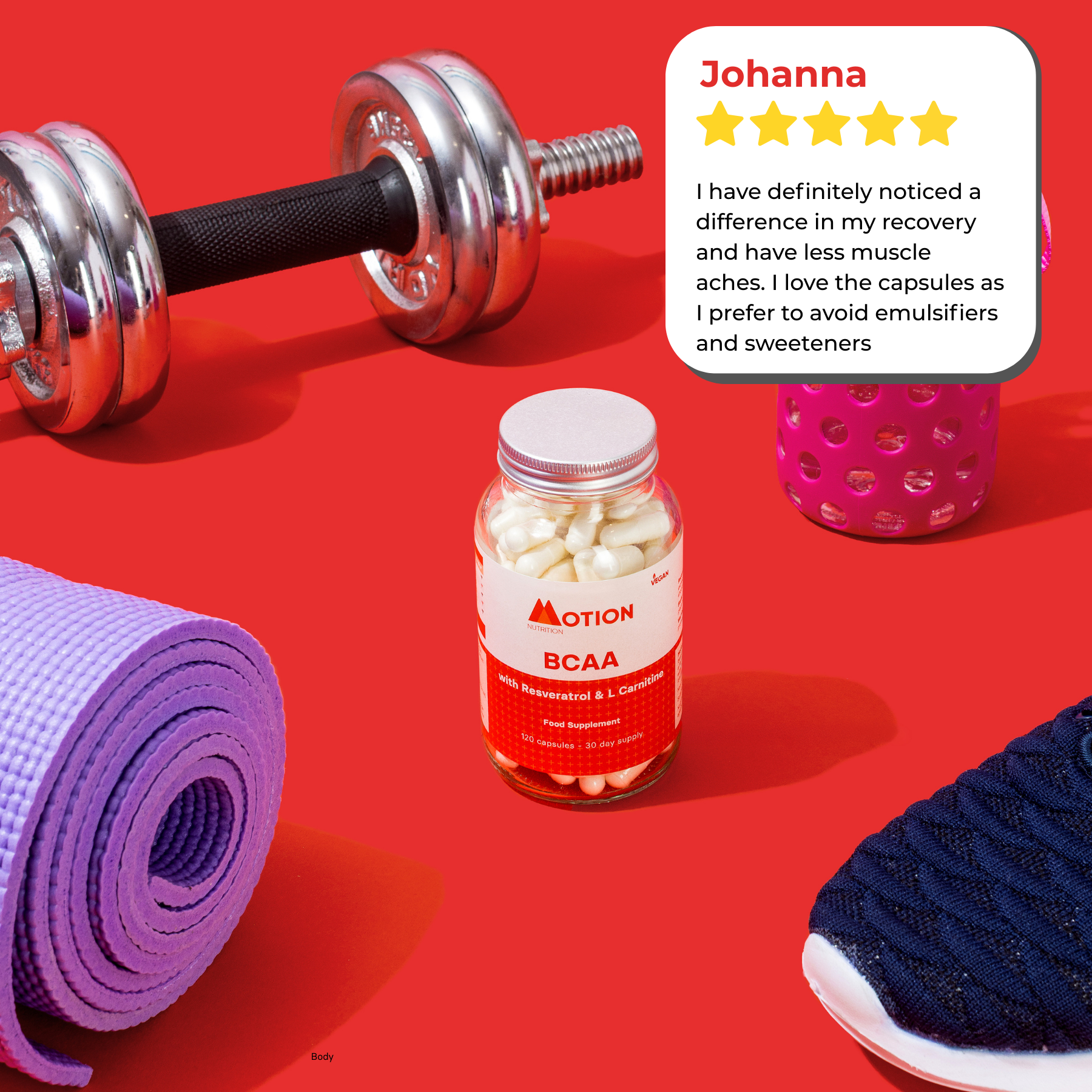 Bottle of Motion BCAA supplements on a red background with fitness equipment and a five-star review.