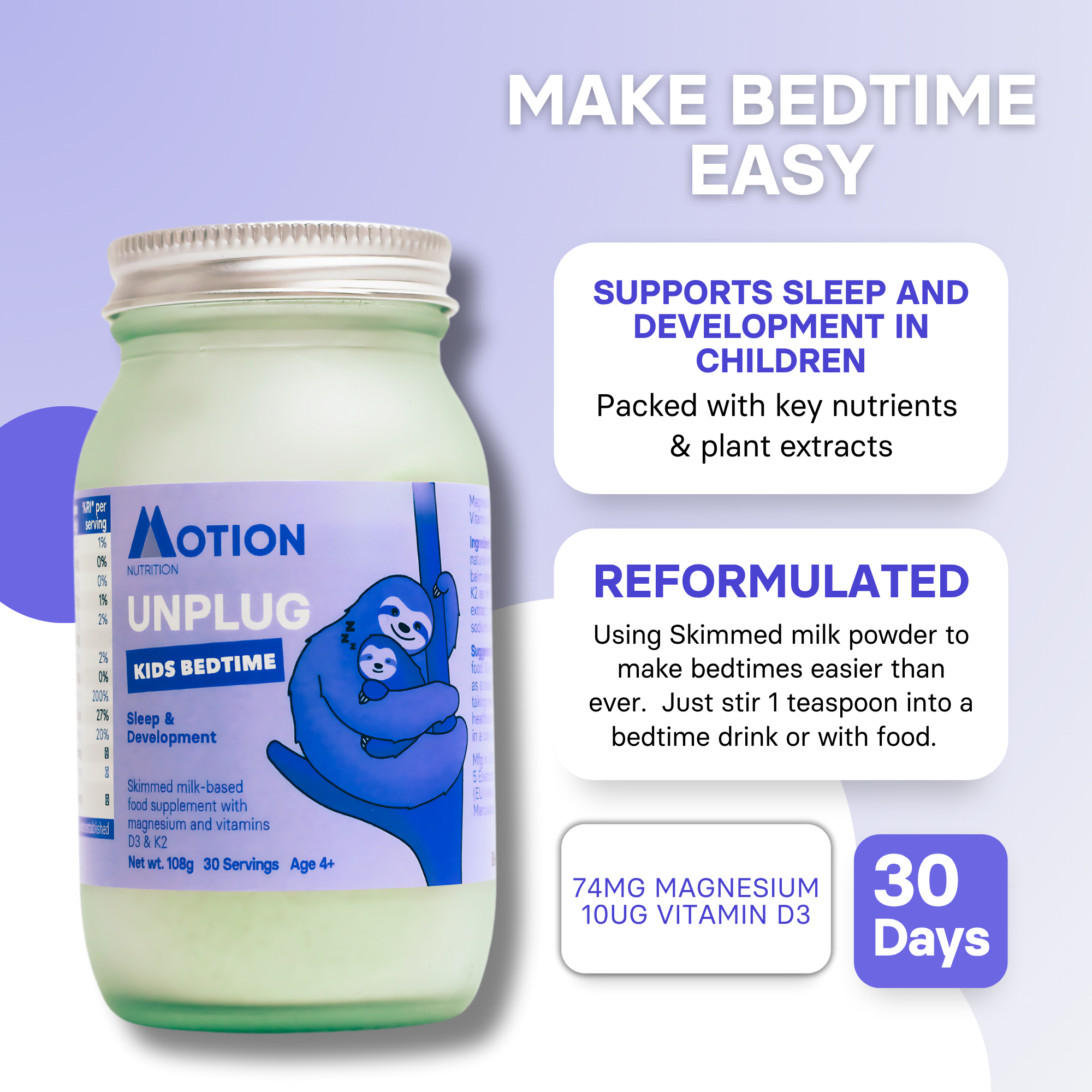 Motion Unplug Kids Bedtime supplement jar with text on a light purple background